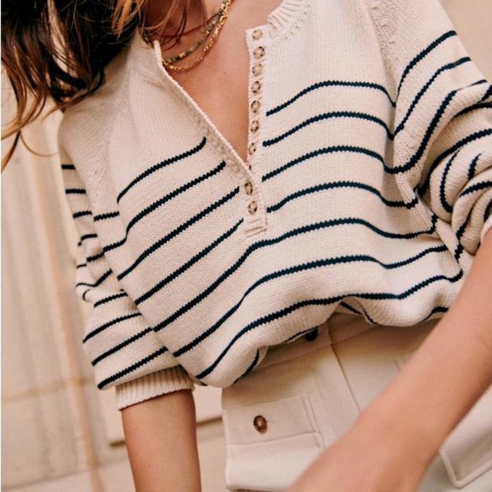 Sezane Cream and Black Striped V-Neck Sweater